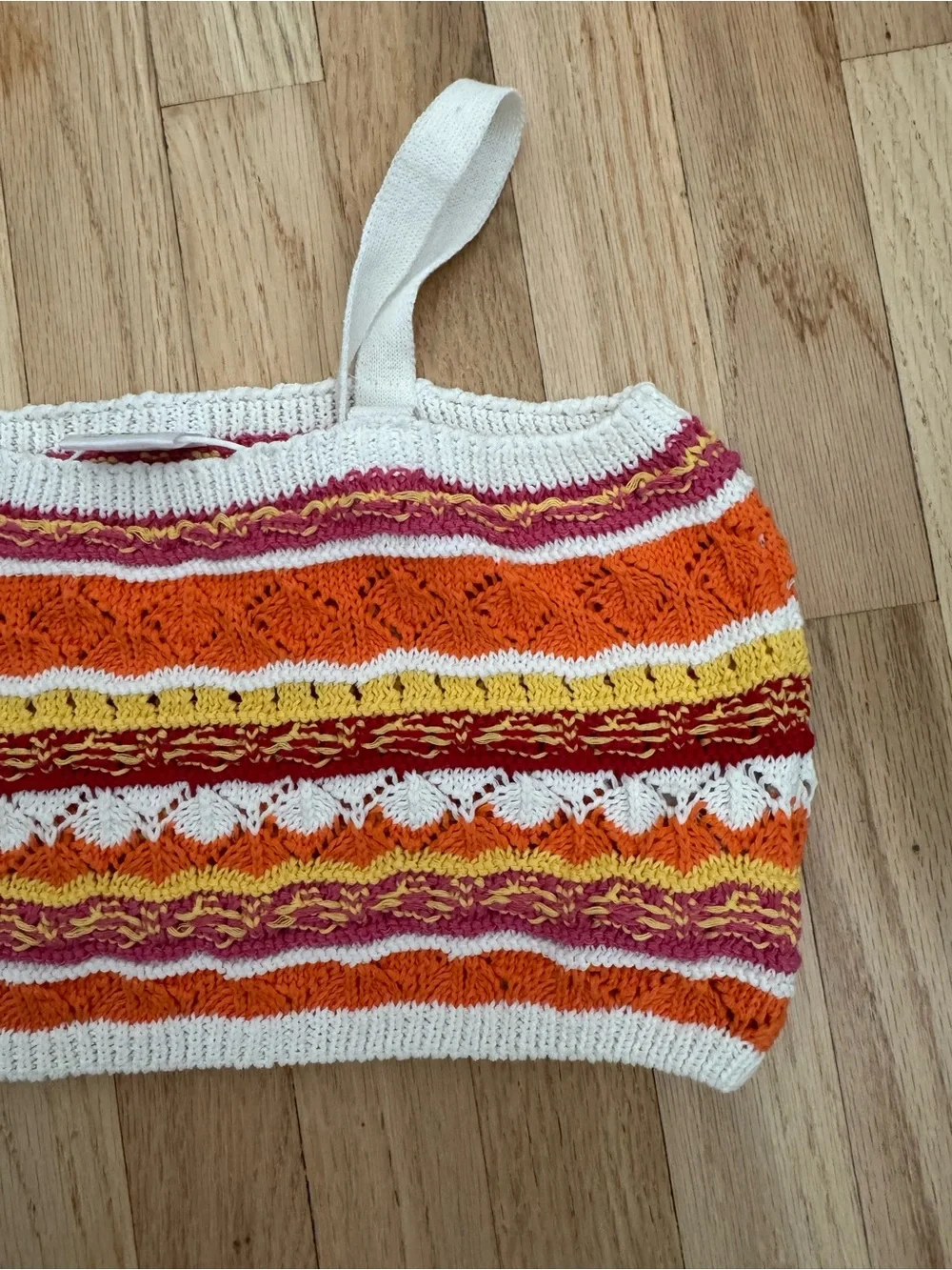 NWOT Zara White Striped Crochet Knit Crop Top with Orange & Yellow Accents